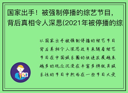 国家出手！被强制停播的综艺节目，背后真相令人深思(2021年被停播的综艺节目)