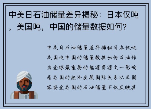 中美日石油储量差异揭秘：日本仅吨，美国吨，中国的储量数据如何？