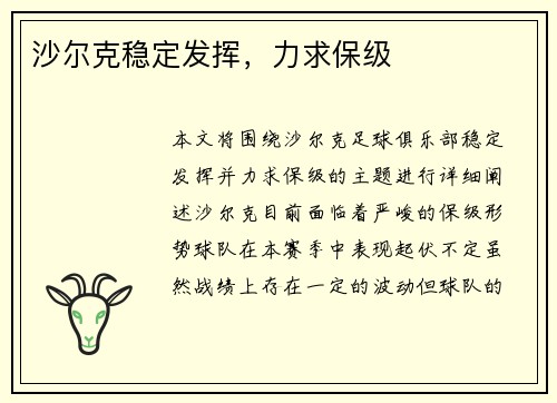 沙尔克稳定发挥，力求保级